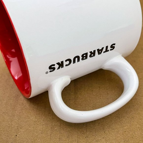 Starbucks Coffee Big White Mug Christmas Holiday Ornaments Balls 2012 Red Inside - Picture 9 of 12